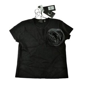 CYRUS Black Textured Knit Short Sleeve T-Shirt with‎ Fabric Flower Accent XS